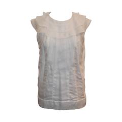 Chanel Ivory Pleated Silk Top w/ Ruffle Collar & Buttons - 42