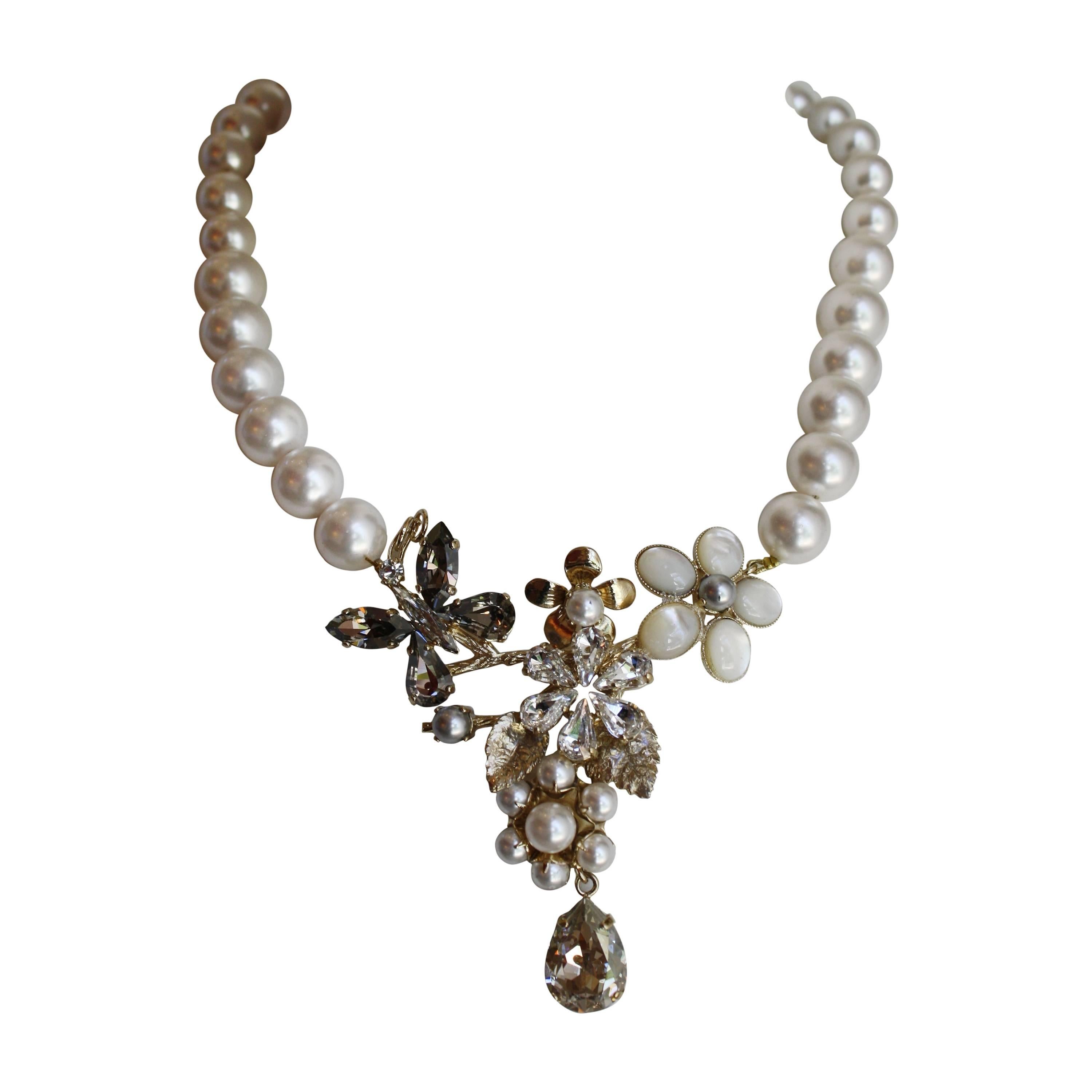 Philippe Ferrandis Glass Pearl and Swarovski Crystal Floral Motif Necklace