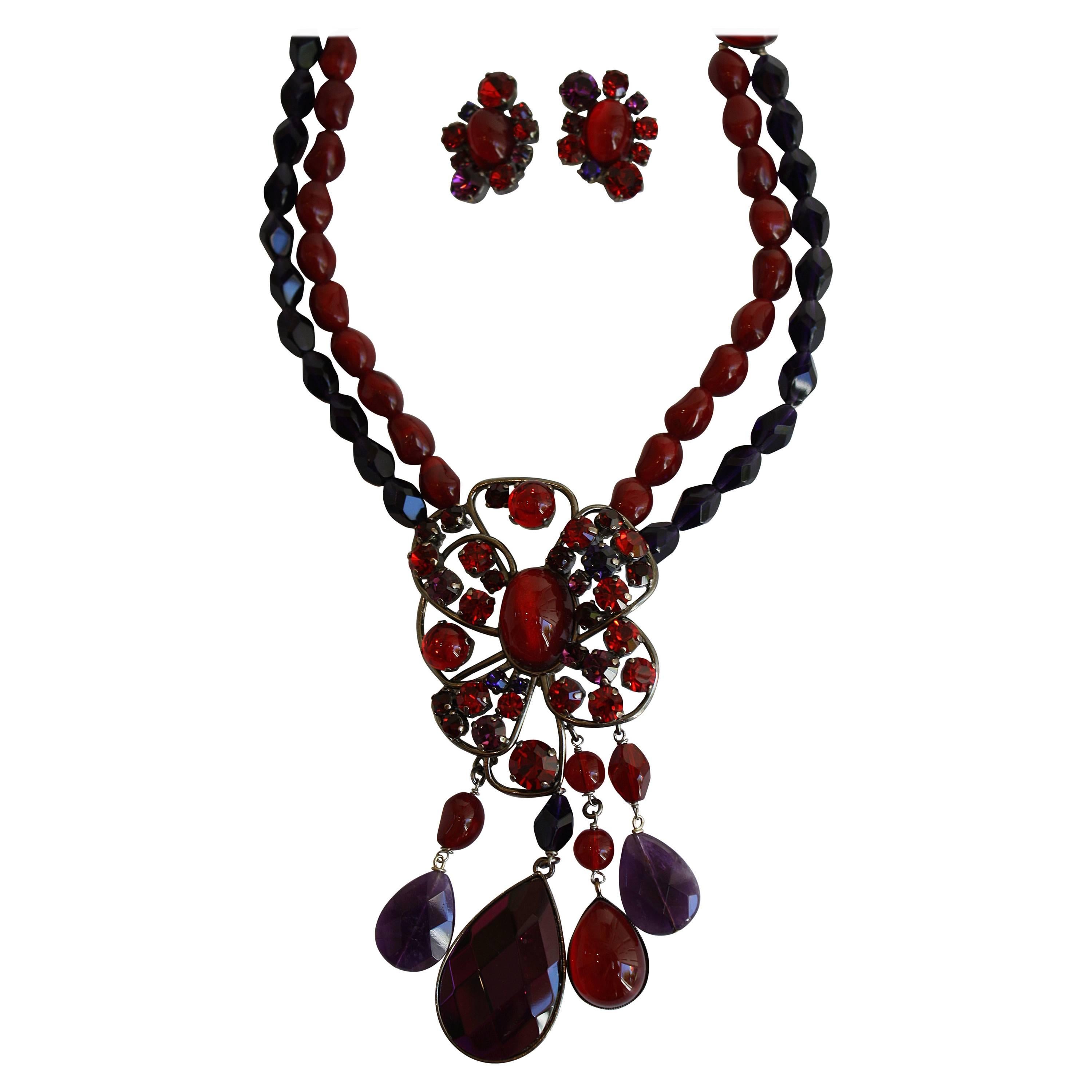 Philippe Ferrandis Glass Cabochon and Swarovski Crystal Necklace & Earring Set