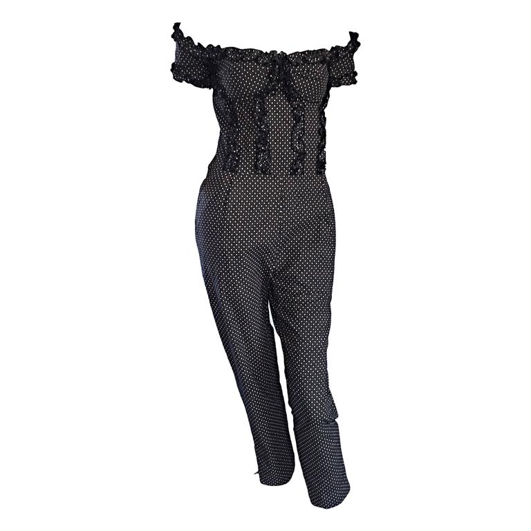 Vintage Brioini Ruffled Corset Cropped Polka Dot Jumpsuit Onesie For