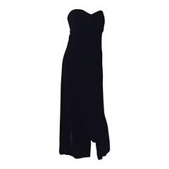 Vintage Oscar de la Renta Black Silk Velvet Strapless Bustier Empire Waist Dress
