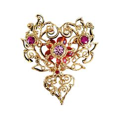 Vintage Beautiful Christian Lacroix Gold Jeweled Heart Crescent Large Brooch Pin