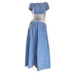 Beautiful 1950s 50s Blue + Silver Silk Taffeta " Cinderella " Cocktail Dress