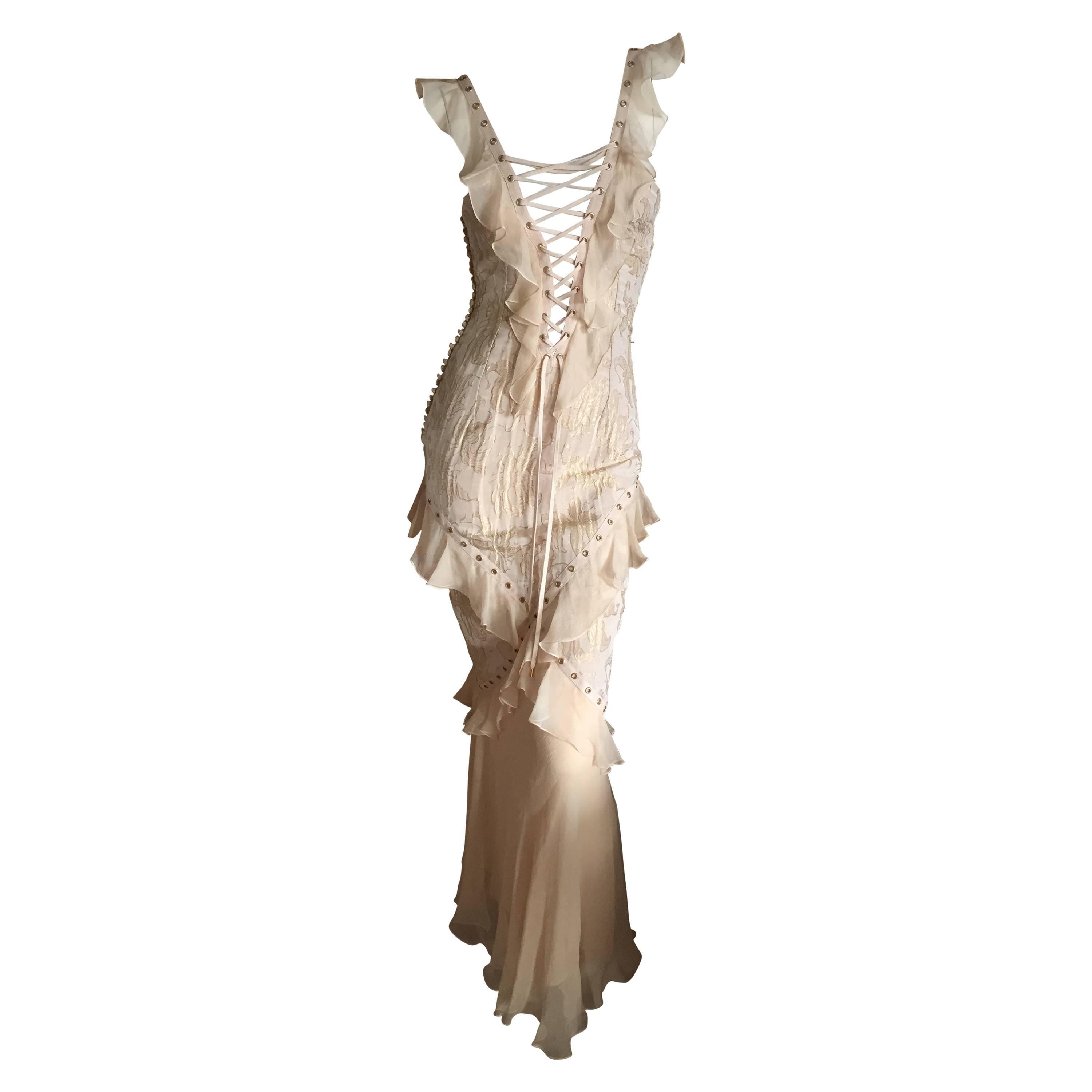 Christian Dior by John Galliano Romantic Gold Silk Corset Lace Dress 