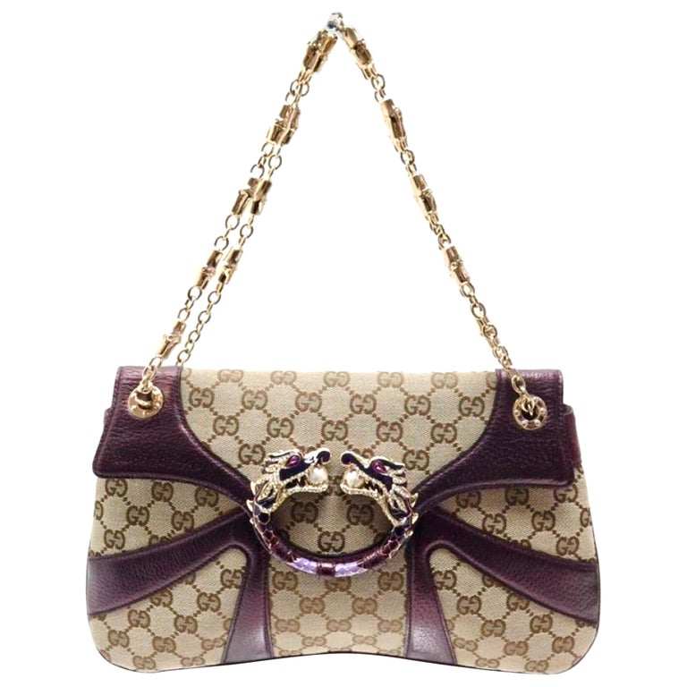 UNWORN Gucci by Tom Ford 2004 Monogram Canvas Jeweled Dragon Bag Bamboo Chain For Sale