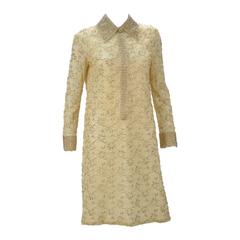 1960s Valentina LTD Cream Beaded Long Sleeve Cocktail Dress 