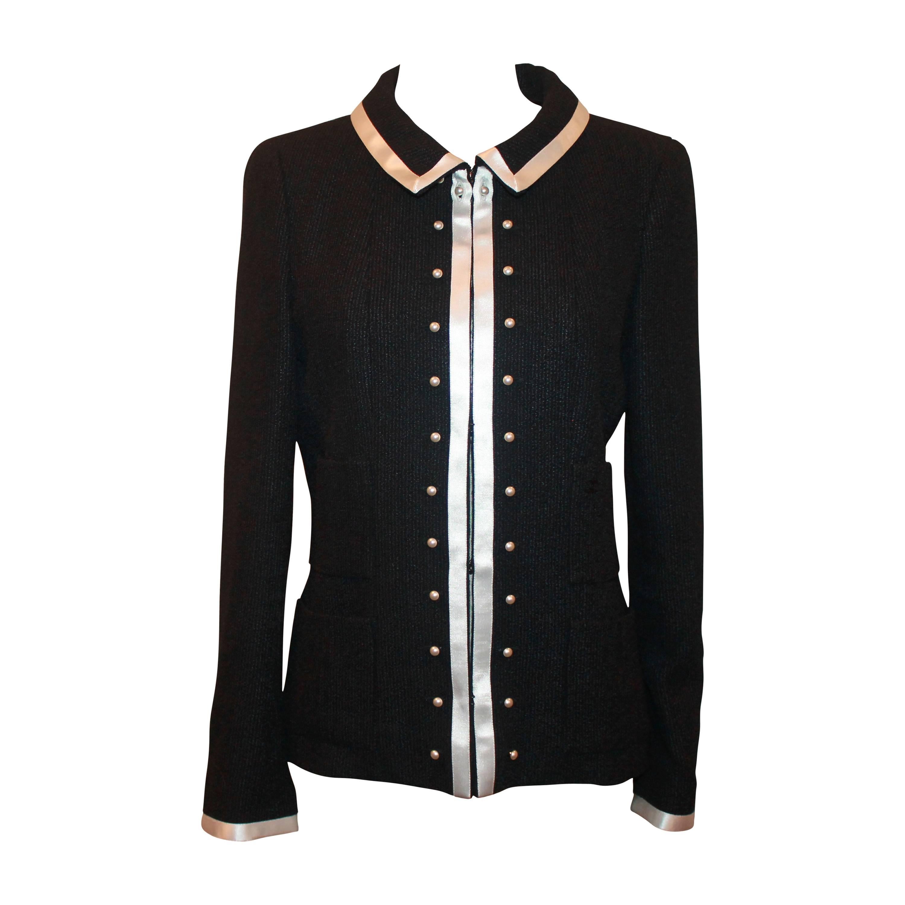 2004 Chanel Black 4-Pocket Jacket with White Ribbon Trim and Pearls - 40