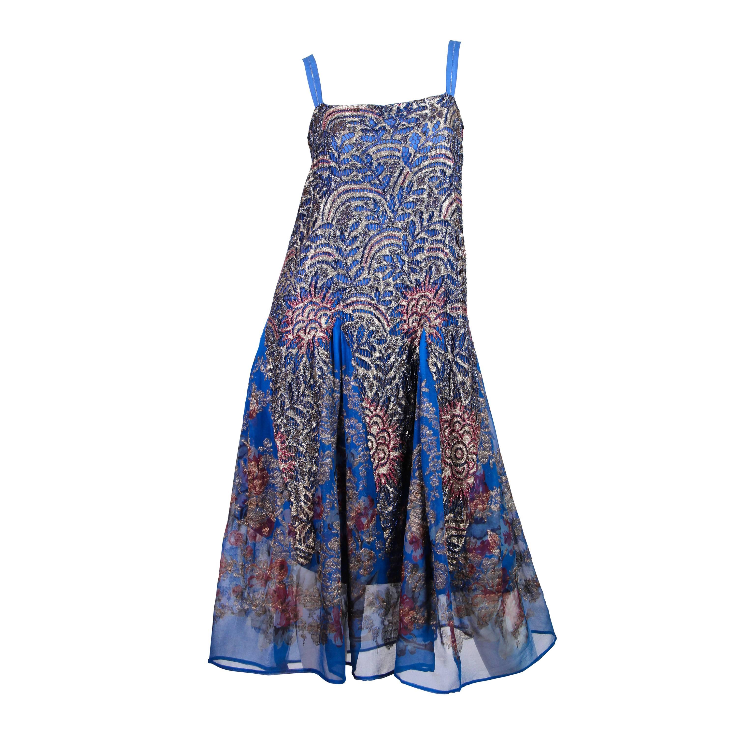 1920s Silver Lamé Lace and Chiffon Dress