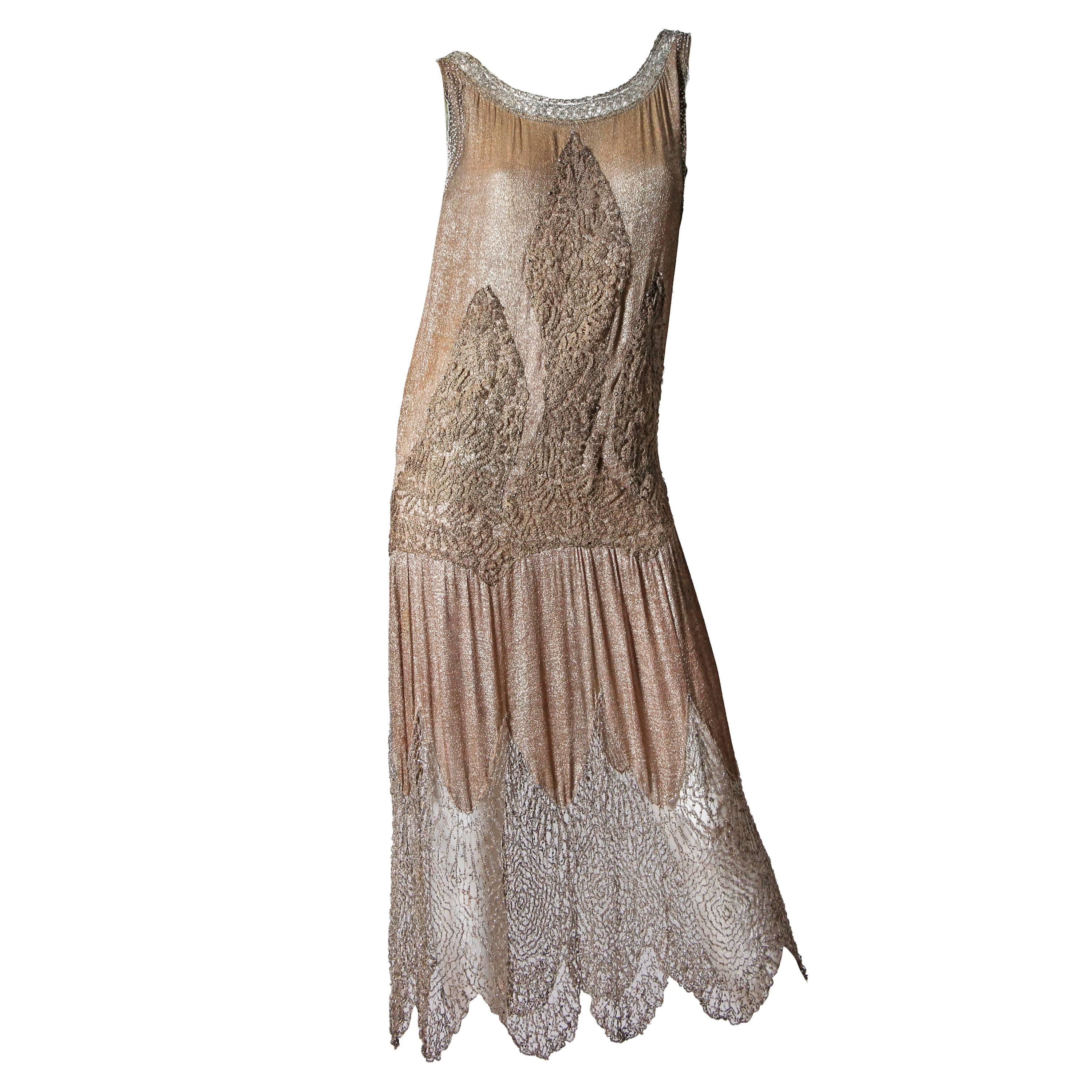 1920S Champagne Silver Silk Lamé Cocktail Dress With Beaded Spiderweb Metallic  For Sale