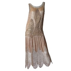 1920S Champagne Silver Silk Lamé Cocktail Dress With Beaded Spiderweb Metallic 