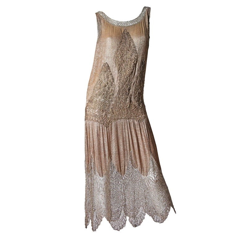1920S Champagne Silver Silk Lamé Cocktail Dress With Beaded Spiderweb ...