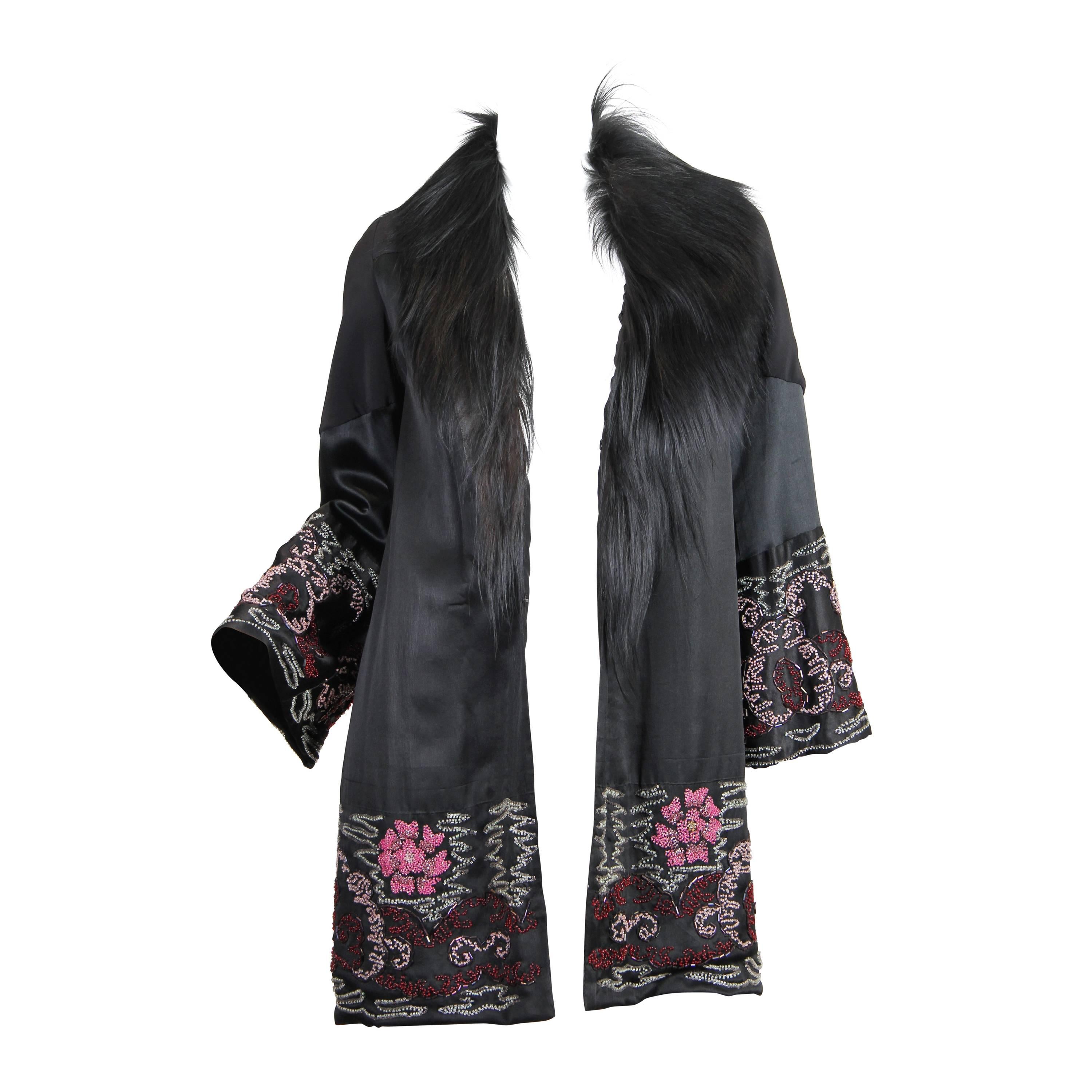 1920s Beaded Silk Coat with Fur Collar