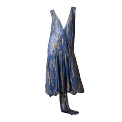 1920S Dusty Blue Silver Lamé Silk Fil Coupé  Low Cut Cocktail Dress