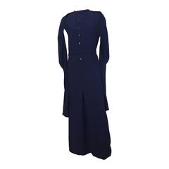 Pauline Trigere 70s navy wool long dress with shawl size 12 / 14.