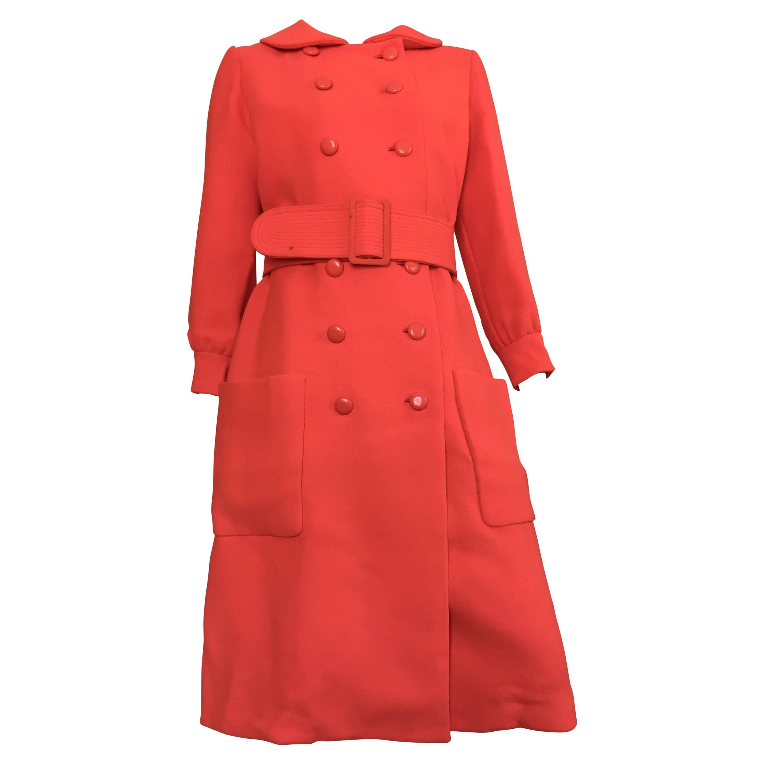Norman Norell 60s orange wool coat with belt size 6 / 8. For Sale