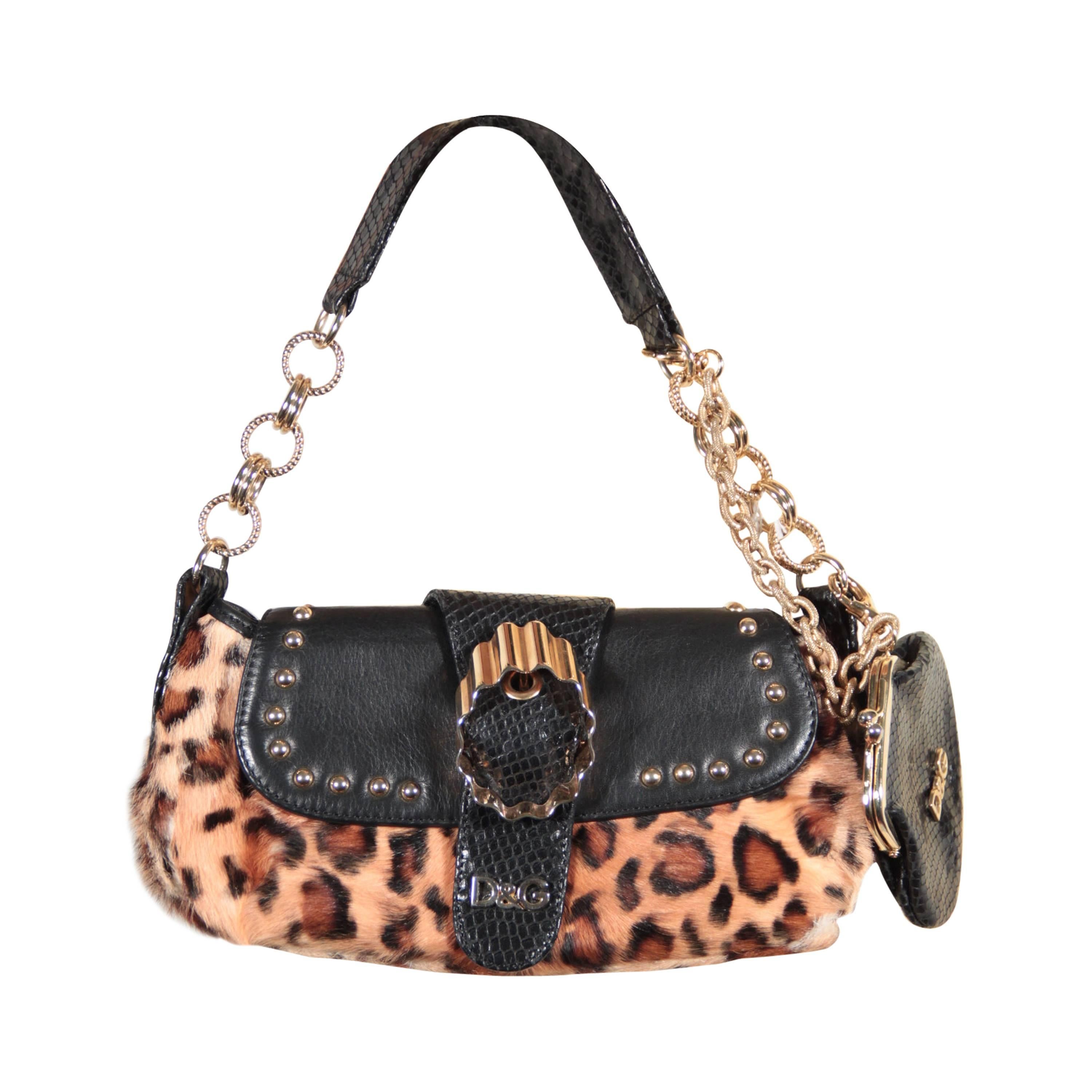 D&G DOLCE & GABBANA Animal LEOPARD Pony Hair & Black Leather HANDBAG Purse