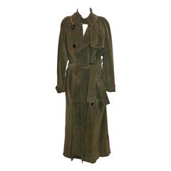 1990's Yves Saint Laurent Olive Suede Full Length Trench Coat with Belt - 38