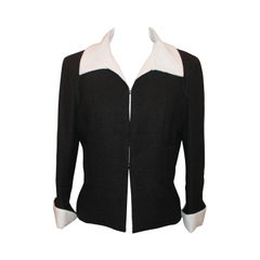 Vintage Chanel Runway Spring 2009 Black Linen Blend Jacket w/ White Collar/Cuff - 42