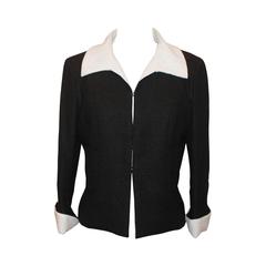 2009 Chanel Black Tweed Jacket w/ Ivory Collar & Cuff - 42 9