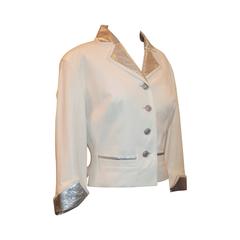 Chanel Ivory Lambskin Jacket with Silver Collar & Cuffs - 42 12