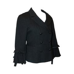 Chanel Black Tweed Jacket with Ruffle 
Ribbon Sleeves - 44