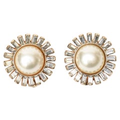 Panetta Clip on Faux Pearl and Rhinstone Pair of Earrings Vintage