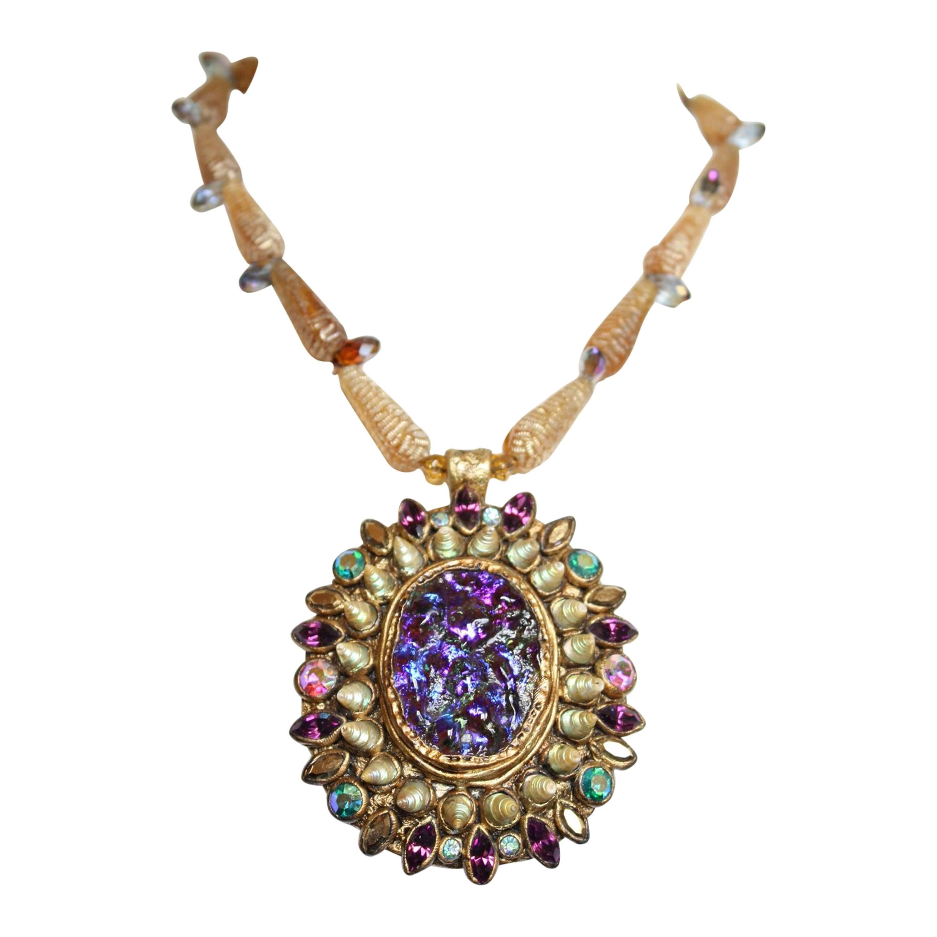 Ella K Venetian Glass, Papier Mache, Swarovski Crystal, & Shell Necklace