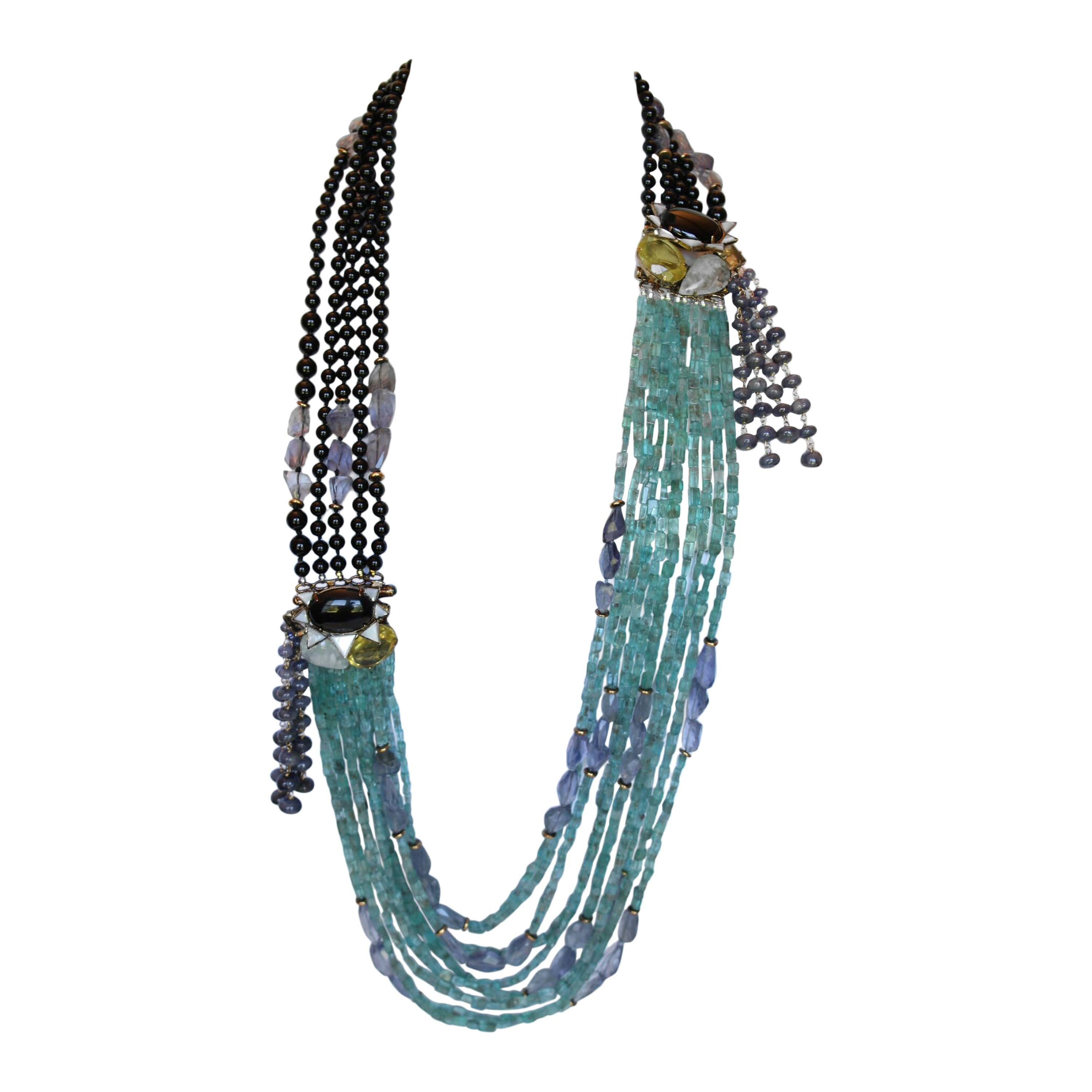 Iradj Moini Apatite & Iolite Necklace with Onyx and Mother of Pearl Details