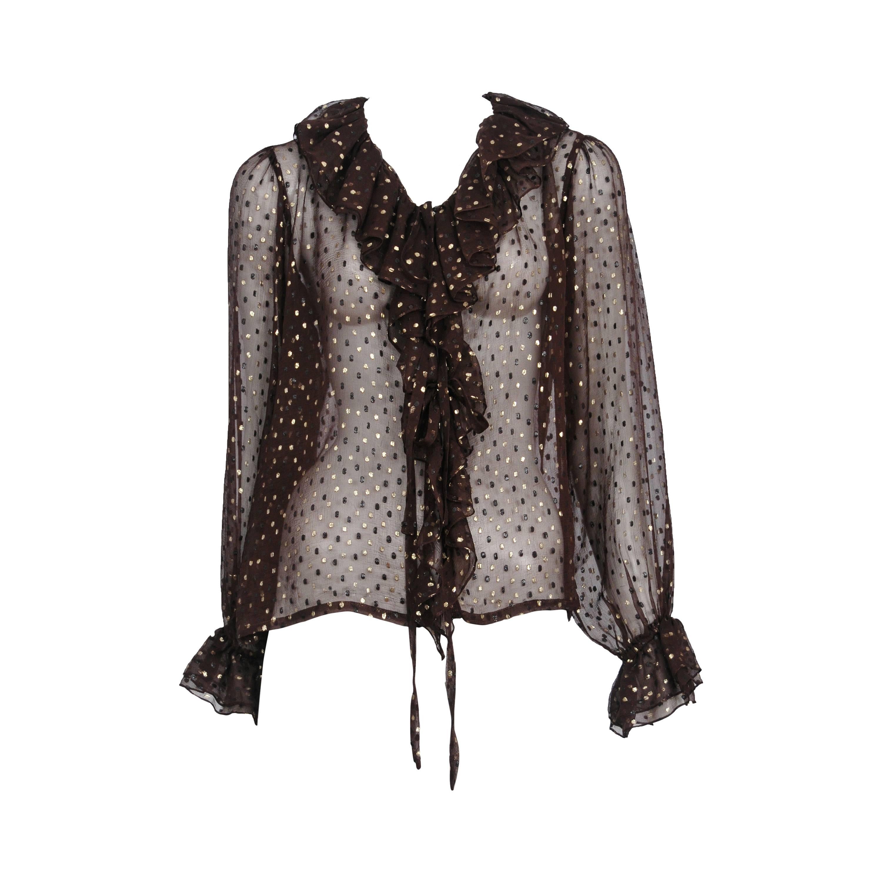 Yves Saint Laurent Brown 
Gold Ruffle Blouse