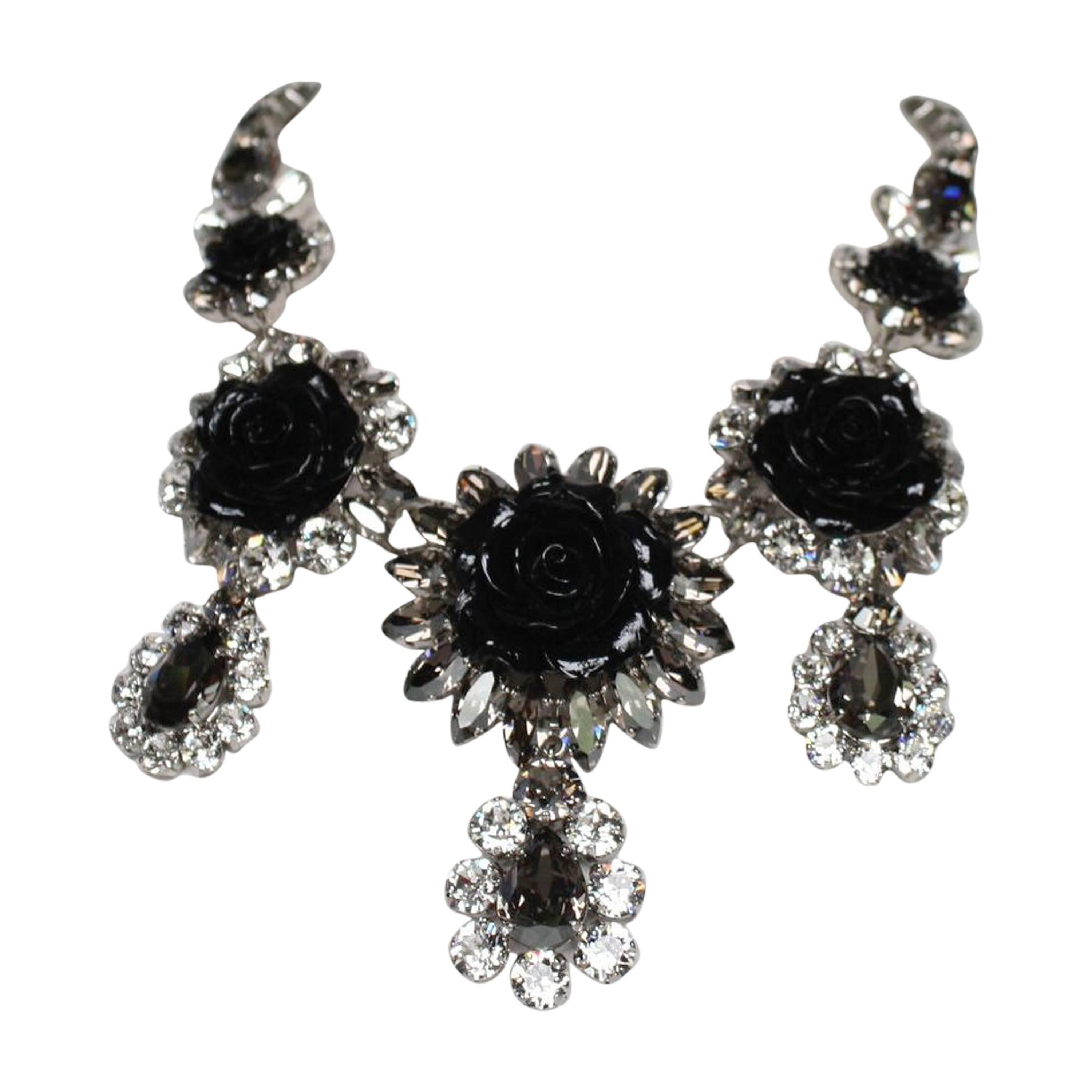 Philippe Ferrandis Swarovski Crystal and Black Resin Rose Necklace