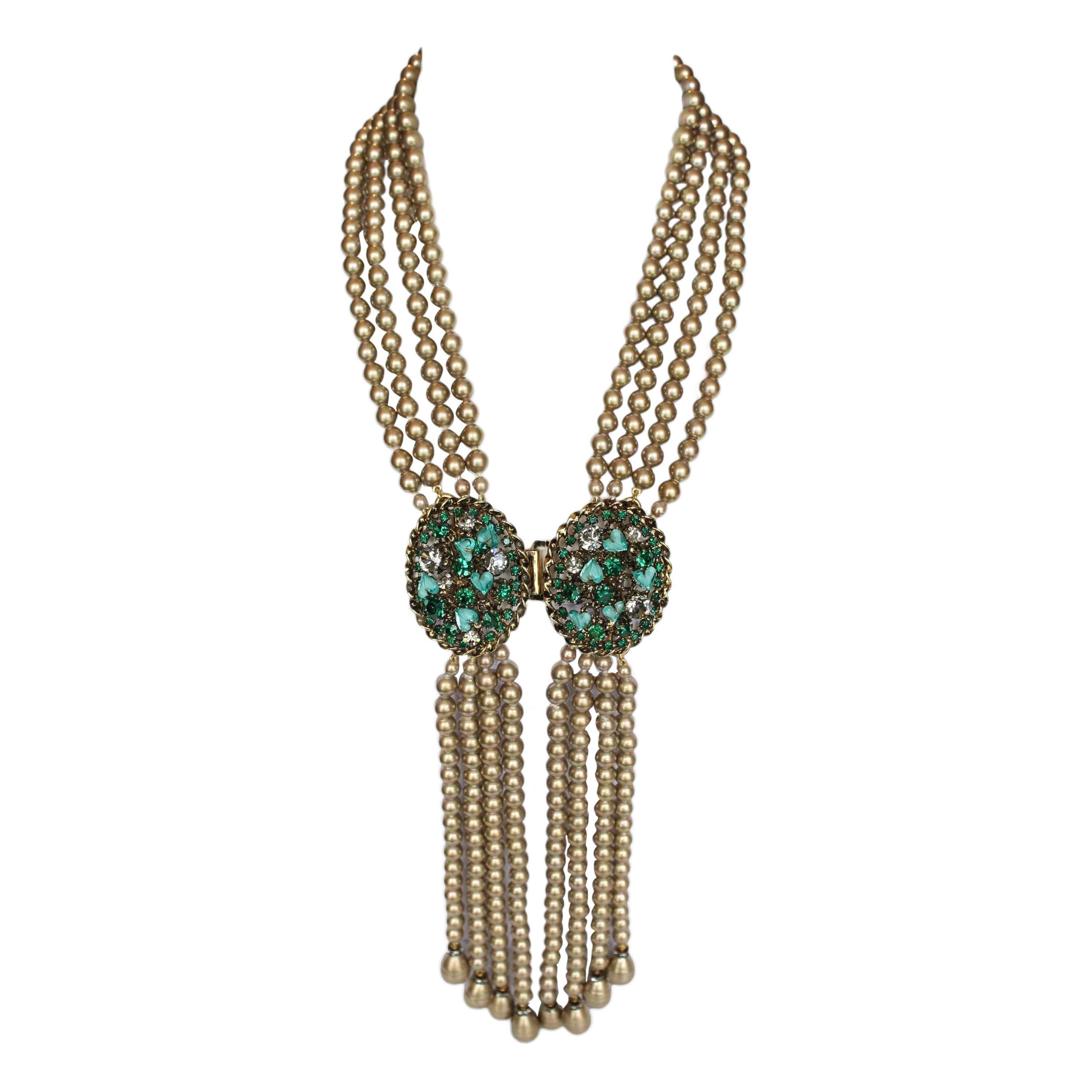 Francoise Montague Champagne Pearl and Green Swarovski Necklace