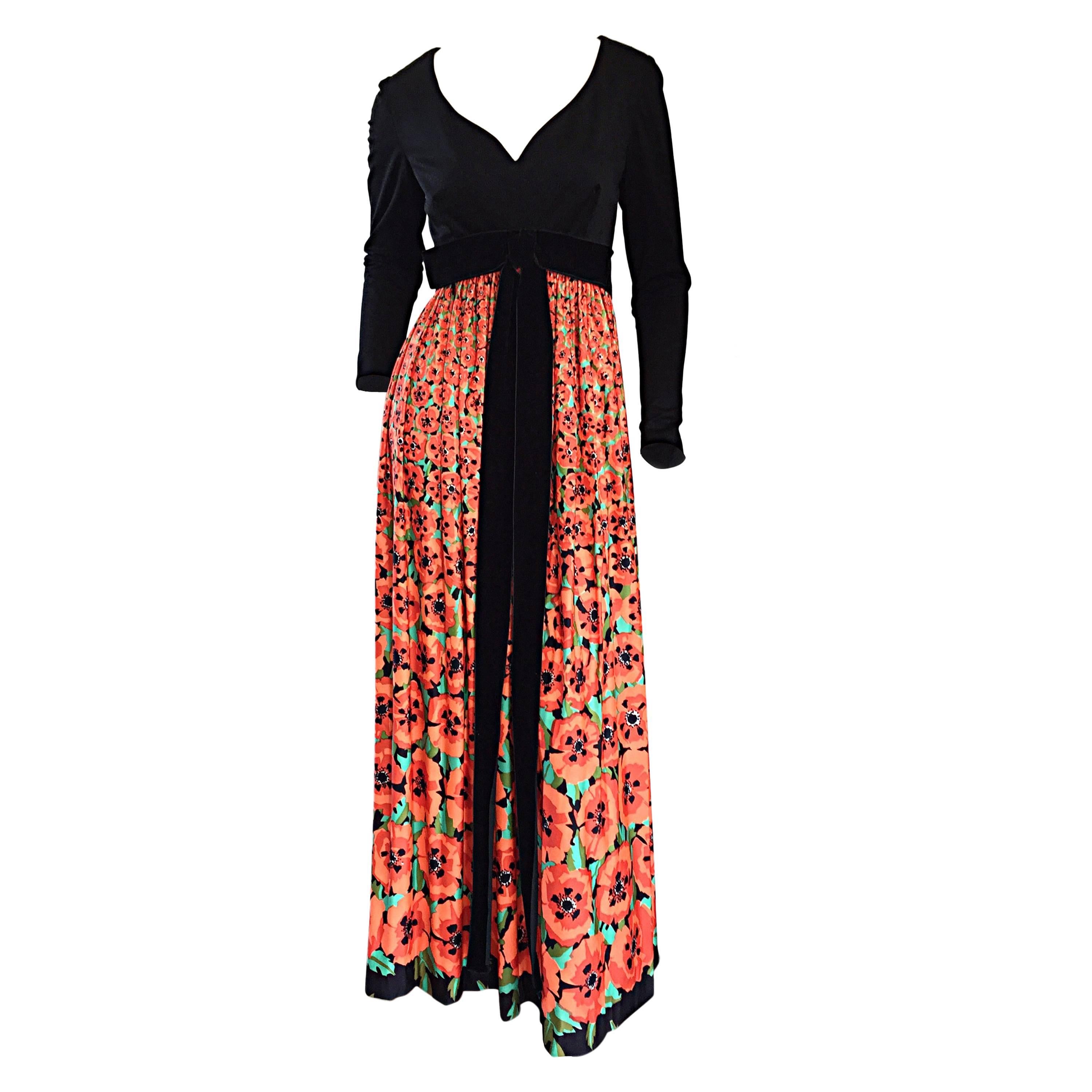 Vintage Joseph Magnin 1970s ' Hibiscus ' Print 70s Boho Maxi Dress w/ Bow