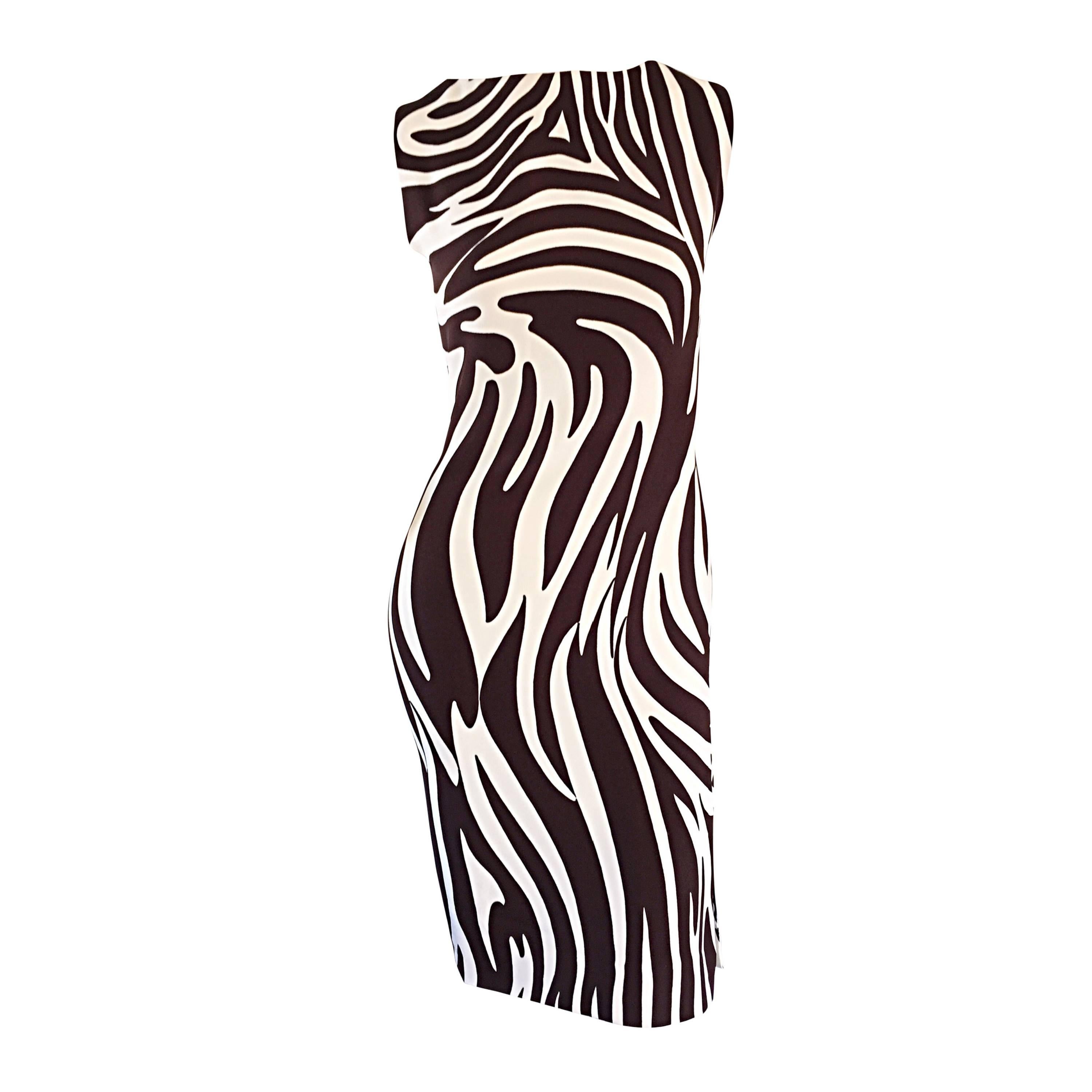 Chic Vintage Bill Blass FW92 Brown + Ivory Silk Zebra Safari Runway Dress