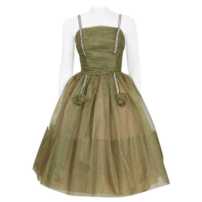 Vintage 1950's Olive Green Pleated Silk Organza Rhinestone Full-Skirt Dress  For Sale