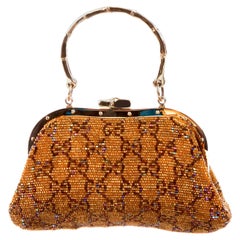 Retro ICONIC GUCCI BY TOM FORD Gold GG Monogram Beaded Bag Purse Bamboo Handles