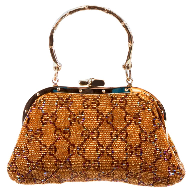 GUCCI Gold Metallic GG Monogram Beaded Bag Purse with Bamboo Handles For Sale