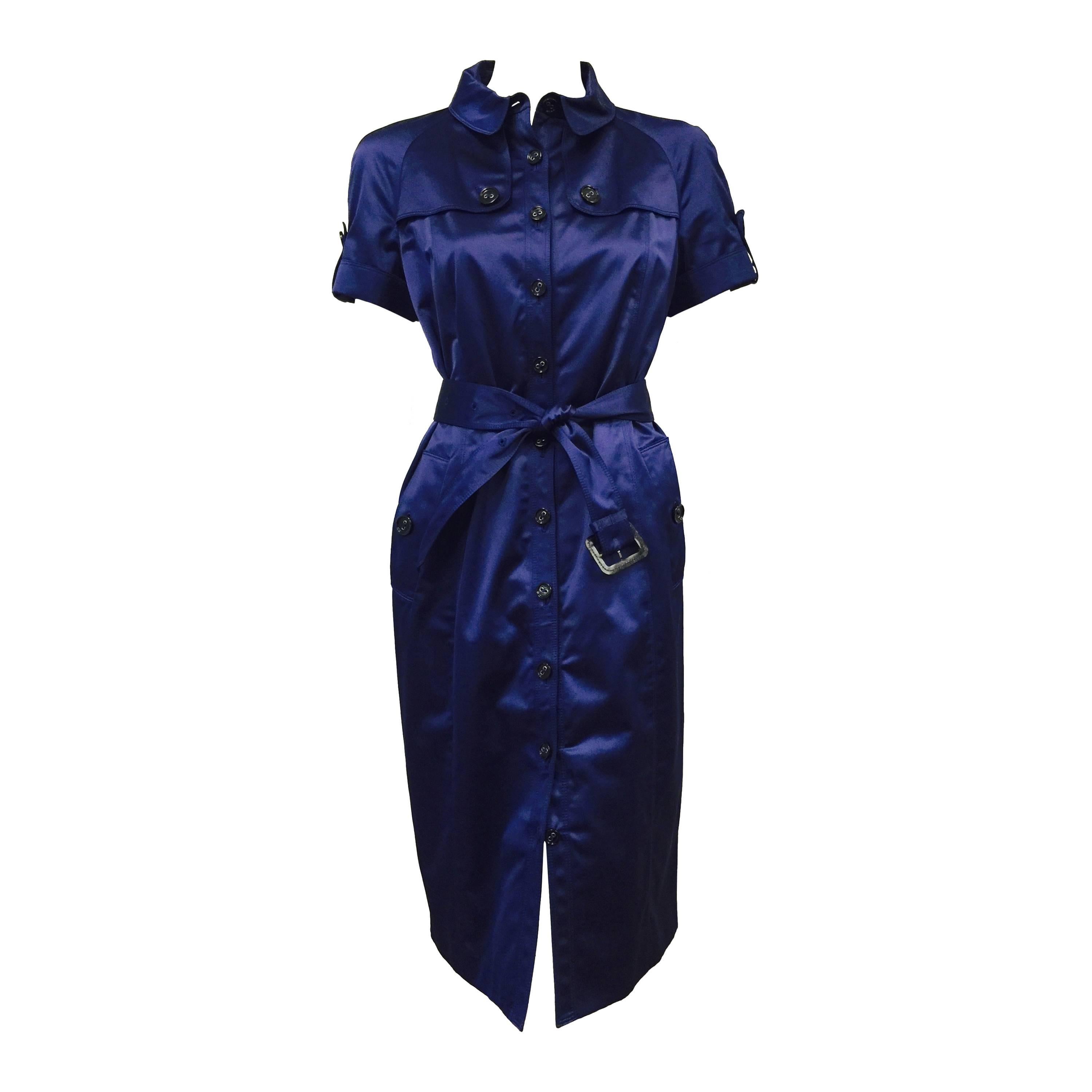 Burberry Dark Cobalt Blue Cotton Blend Short Sleeve Coat Dress  For Sale
