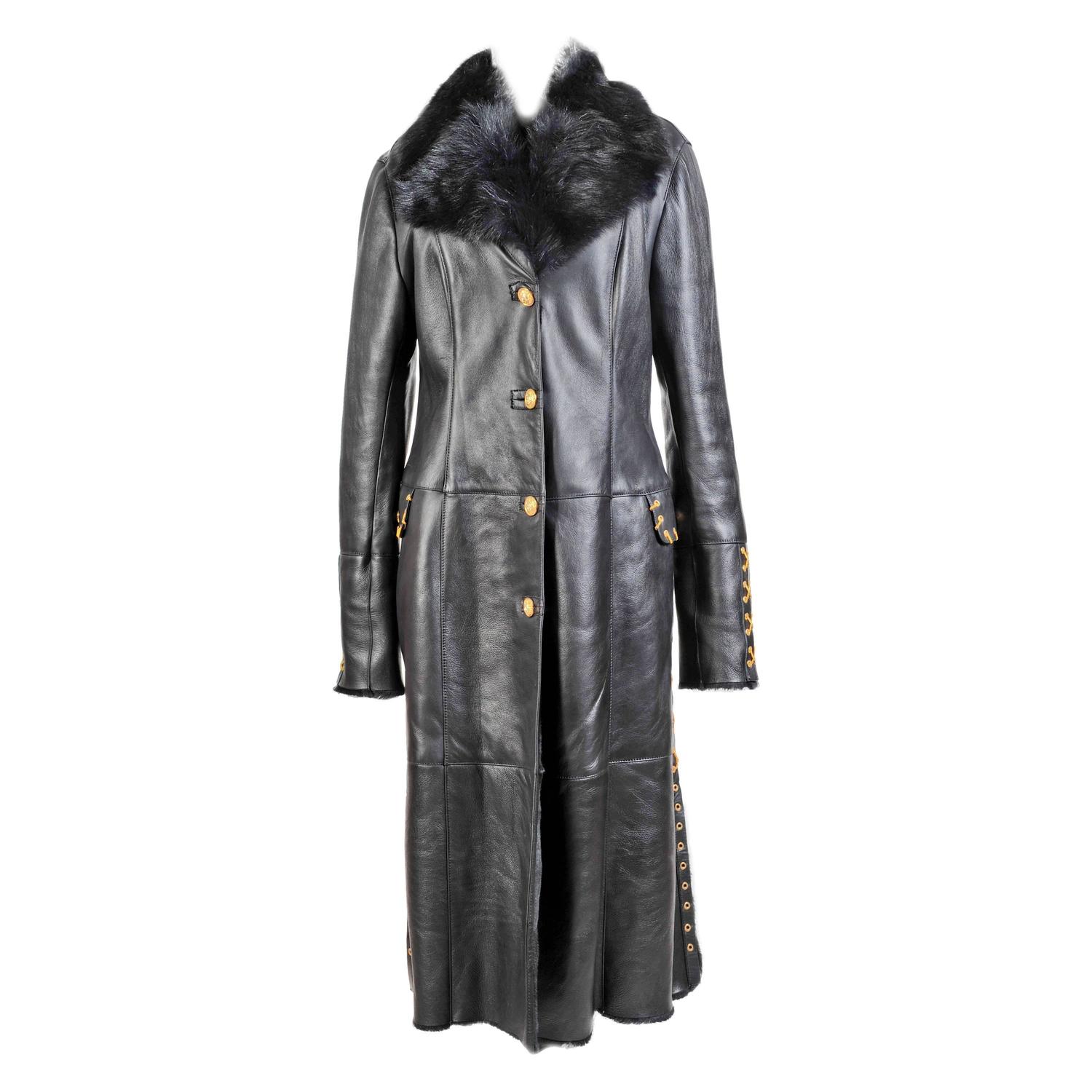 New VERSACE VERSUS BLACK SHEARLING FUR LEATHER COAT For Sale at 1stdibs