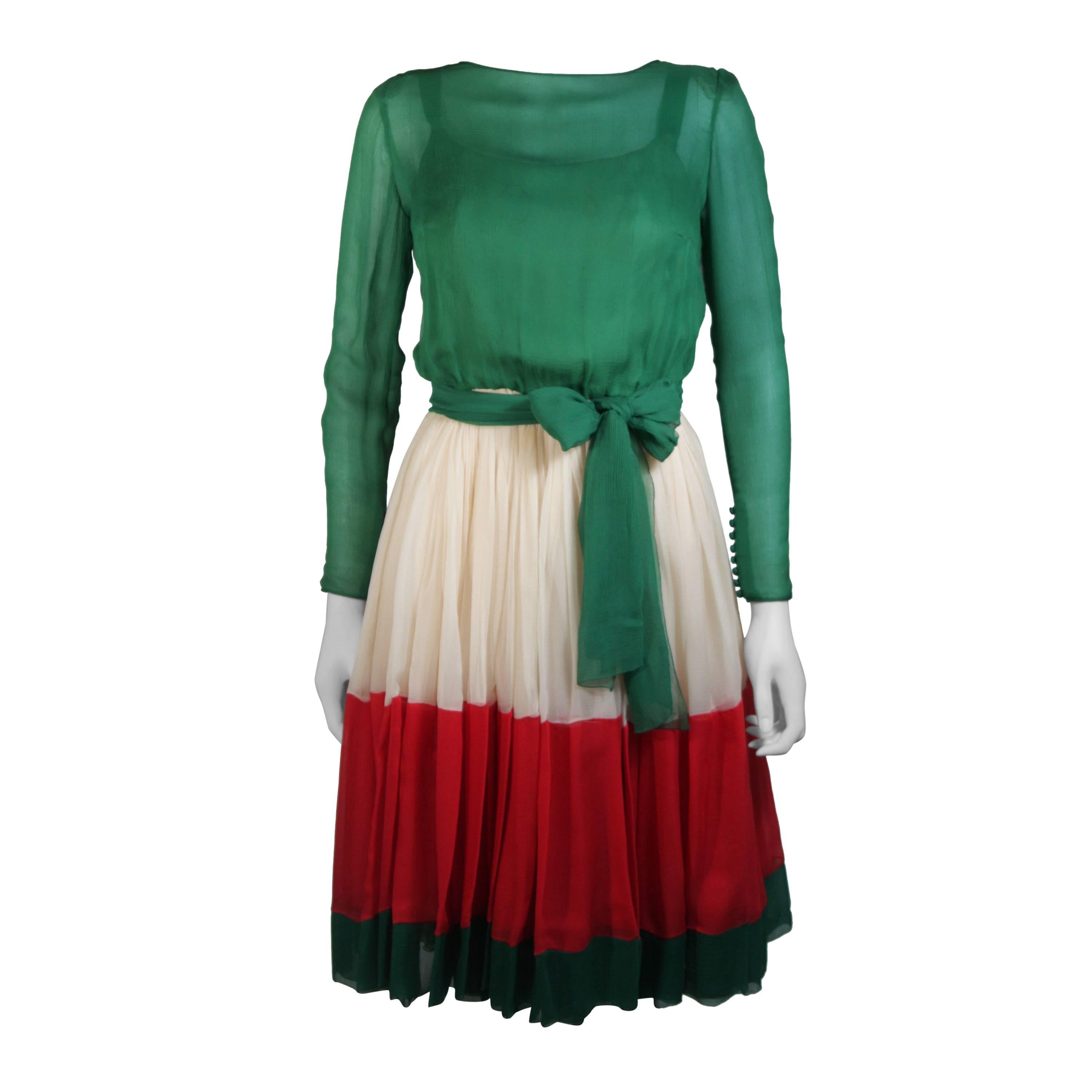 Galanos Attributed Silk Chiffon Green Red Cream Cocktail Dress Size Small Medium For Sale