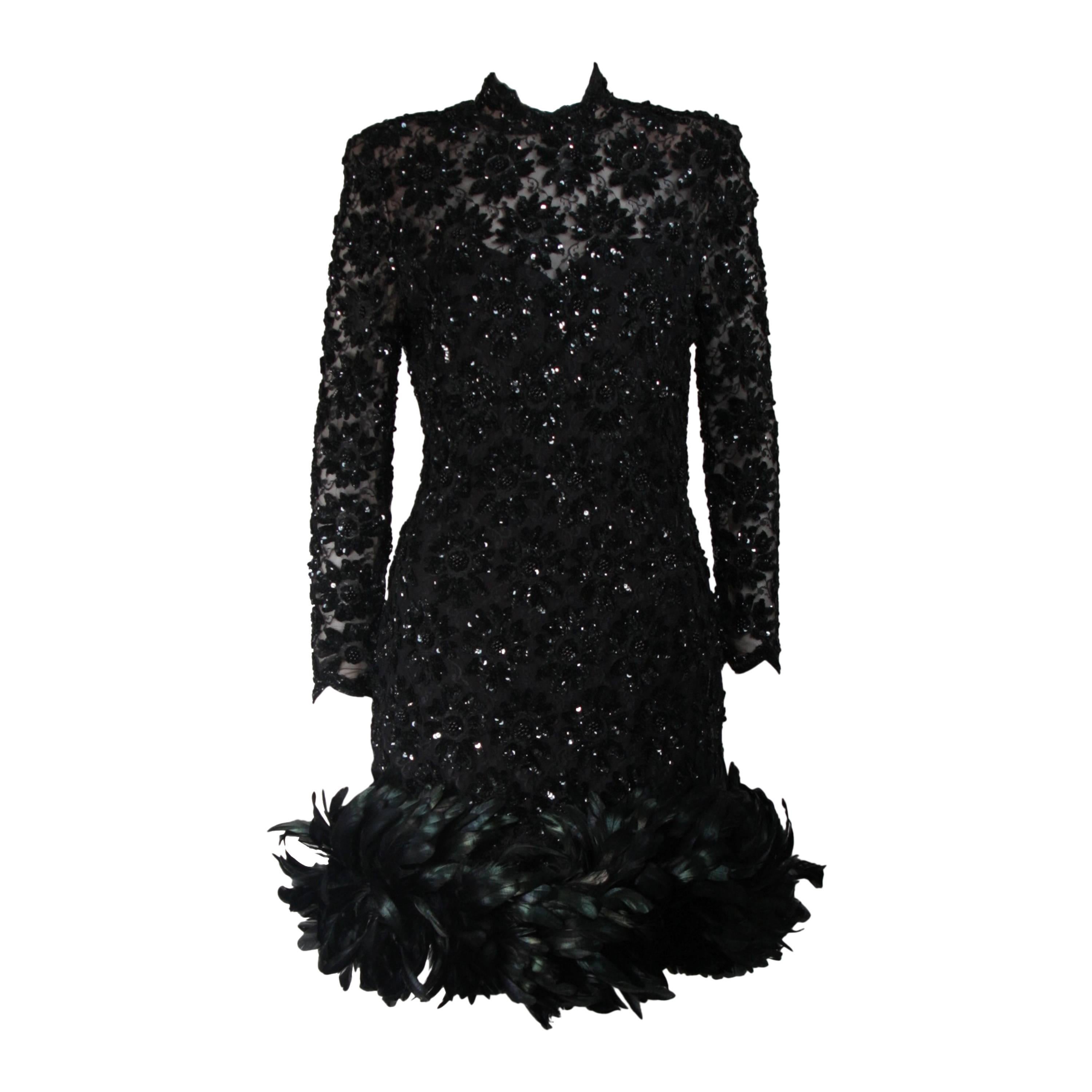 Travilla Black Sequin Beaded Cocktail Dress with Feather Hem Size Small Medium For Sale
