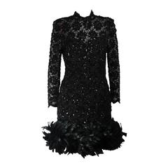Travilla Black Sequin Beaded Cocktail Dress with Feather Hem Size Small Medium 8