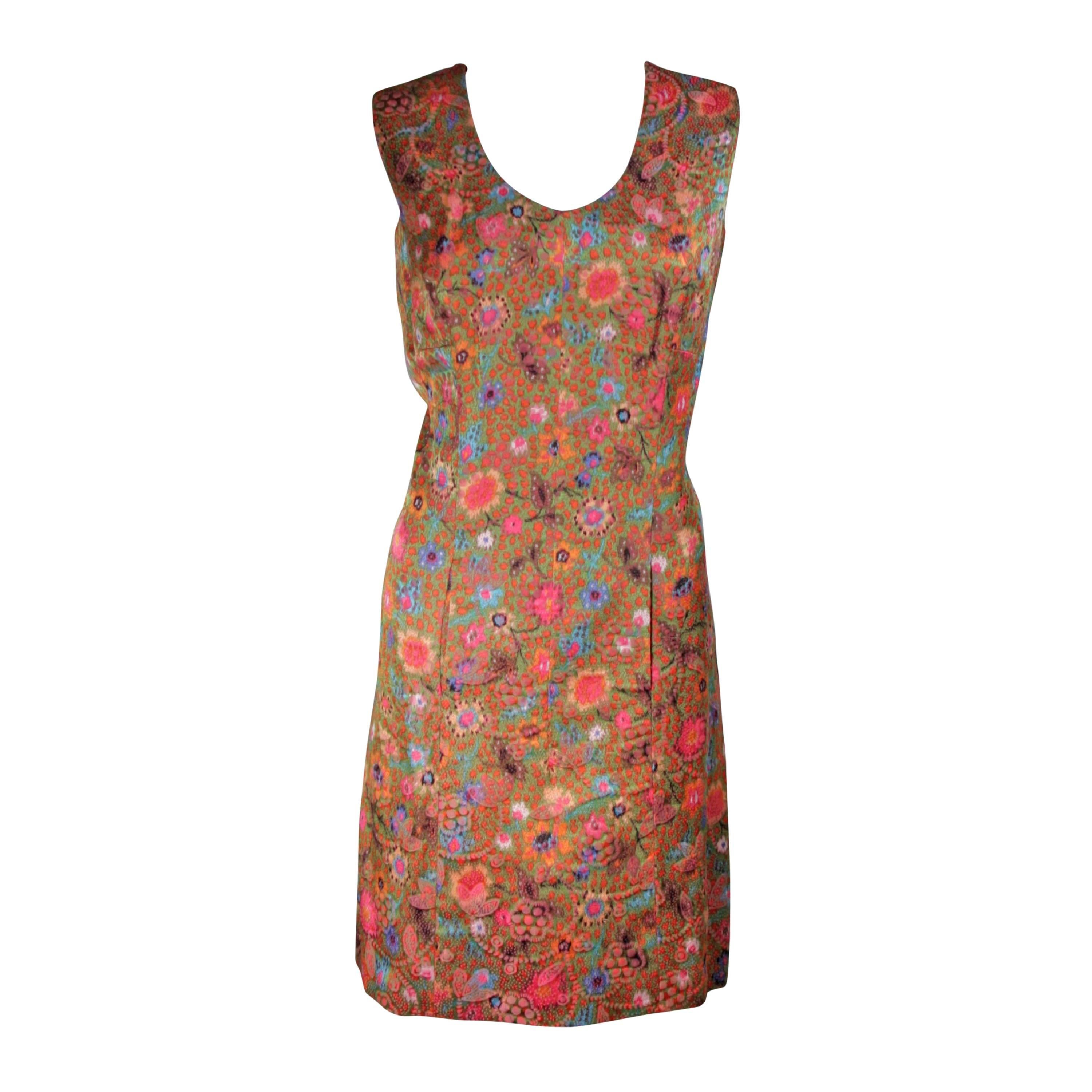 Galanos Floral Print Shift Dress with Pockets Size Small Medium For Sale