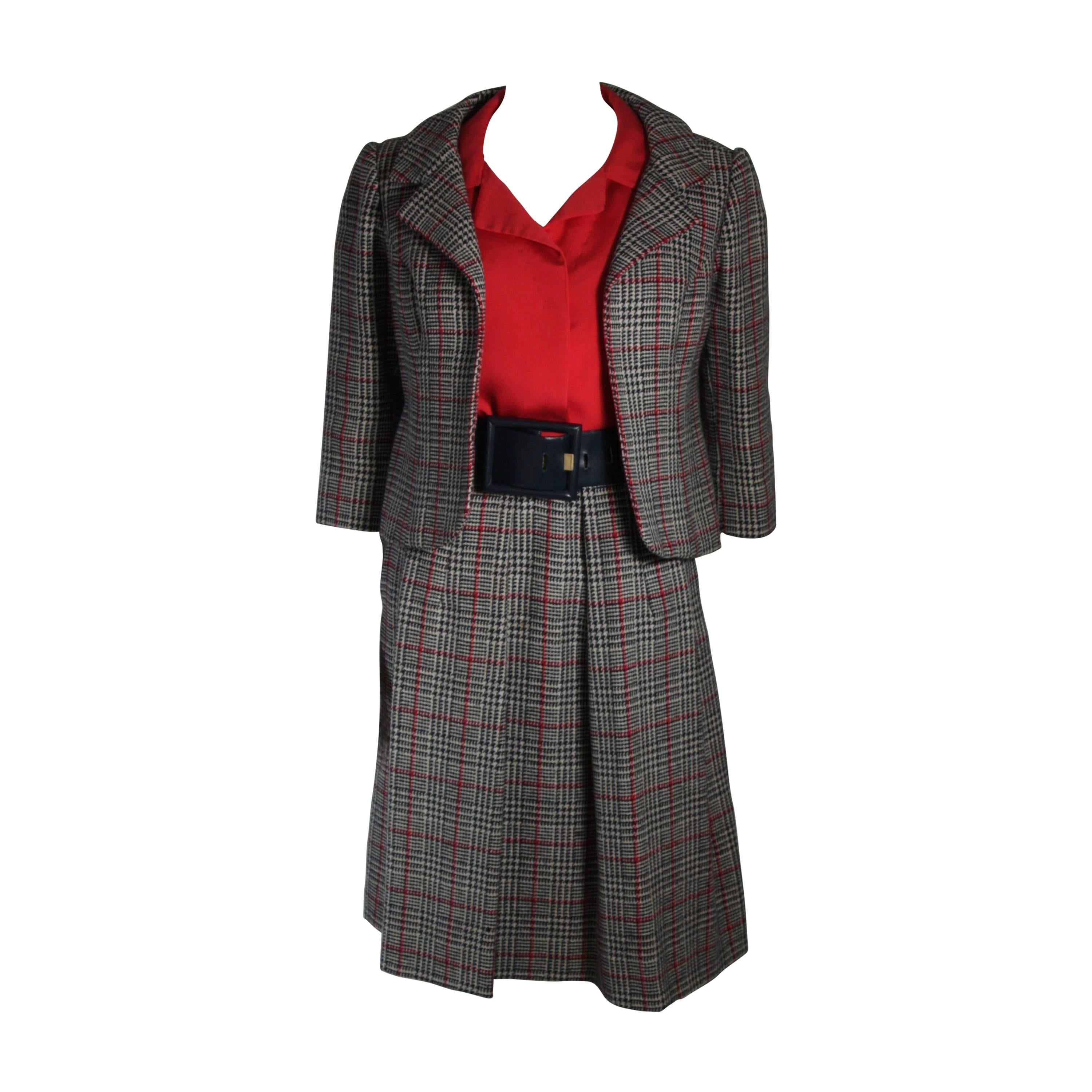 Galanos Black White and Red Wool Plaid Skirt Suit 4 Piece Size Small Medium For Sale