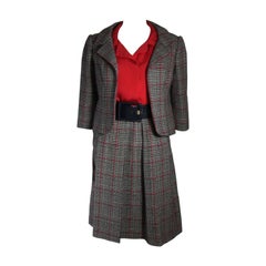 Galanos - Tailleur jupe à carreaux en laine noire, blanche et rouge, 4 pièces, taille S/M