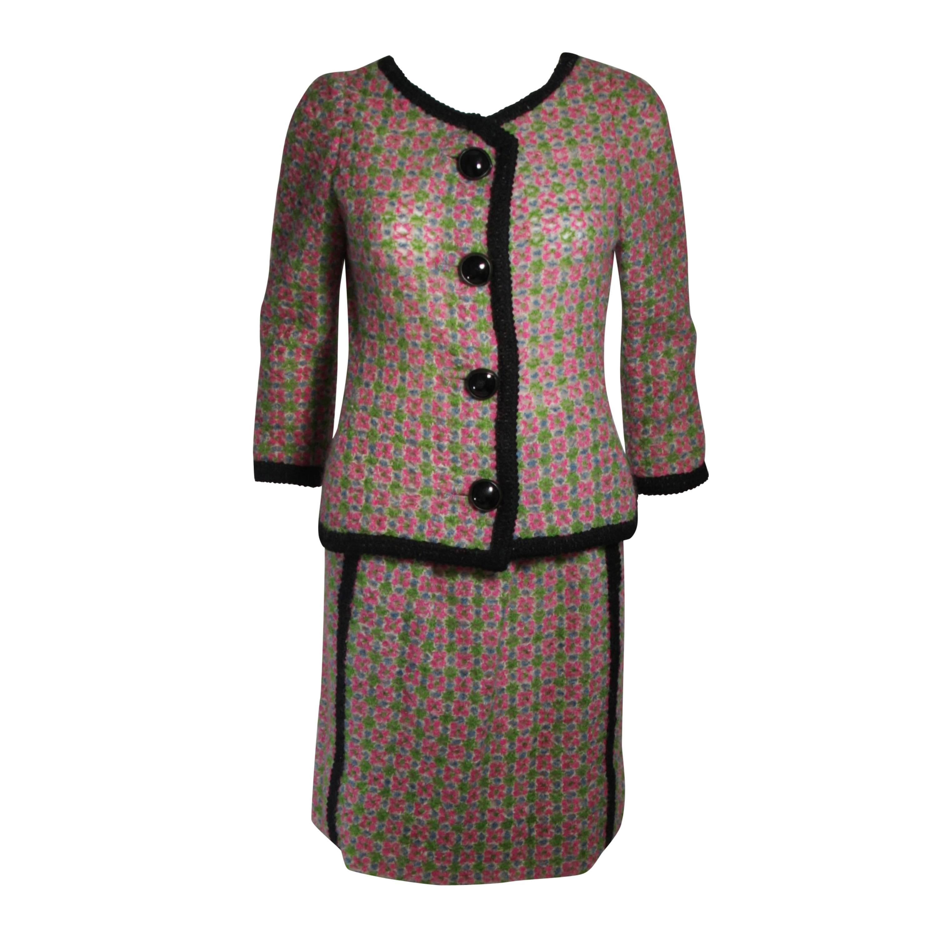 Galanos Wool Skirt Suit in Green Pink White and Black Size Small Medium For Sale