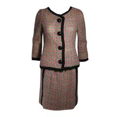 Galanos Wool Skirt Suit in Green Pink White and Black Size Small Medium 8