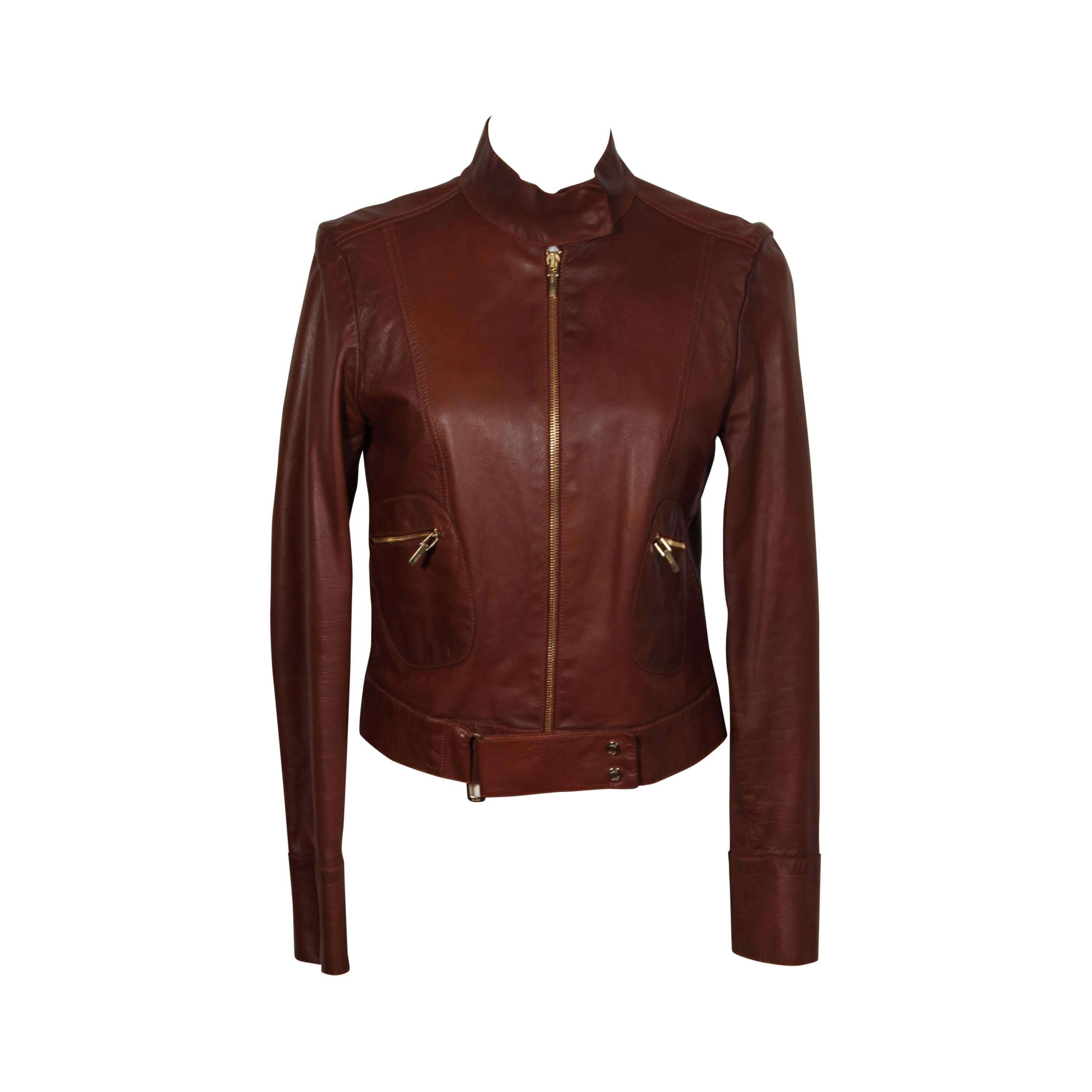 GUCCI TOM FORD Brown LEATHER Biker JACKET Zip Front Sz 40
