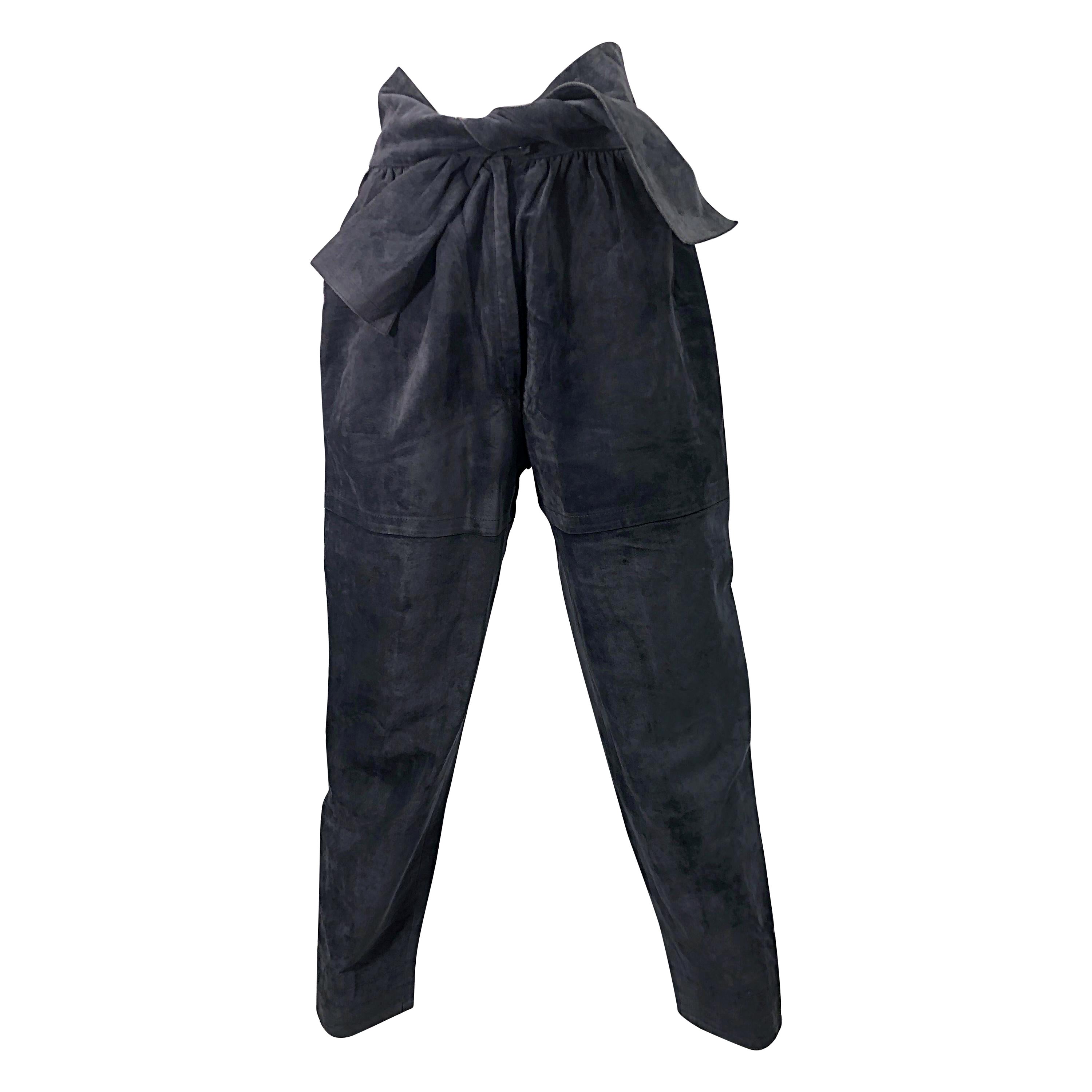 Vintage Yves Saint Laurent YSL 1980s Grey Suede Leather High Waisted Harem Pants For Sale
