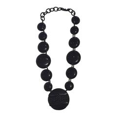 Antique Huge Art Deco black carved bakelite necklace pendant on celluloid chain