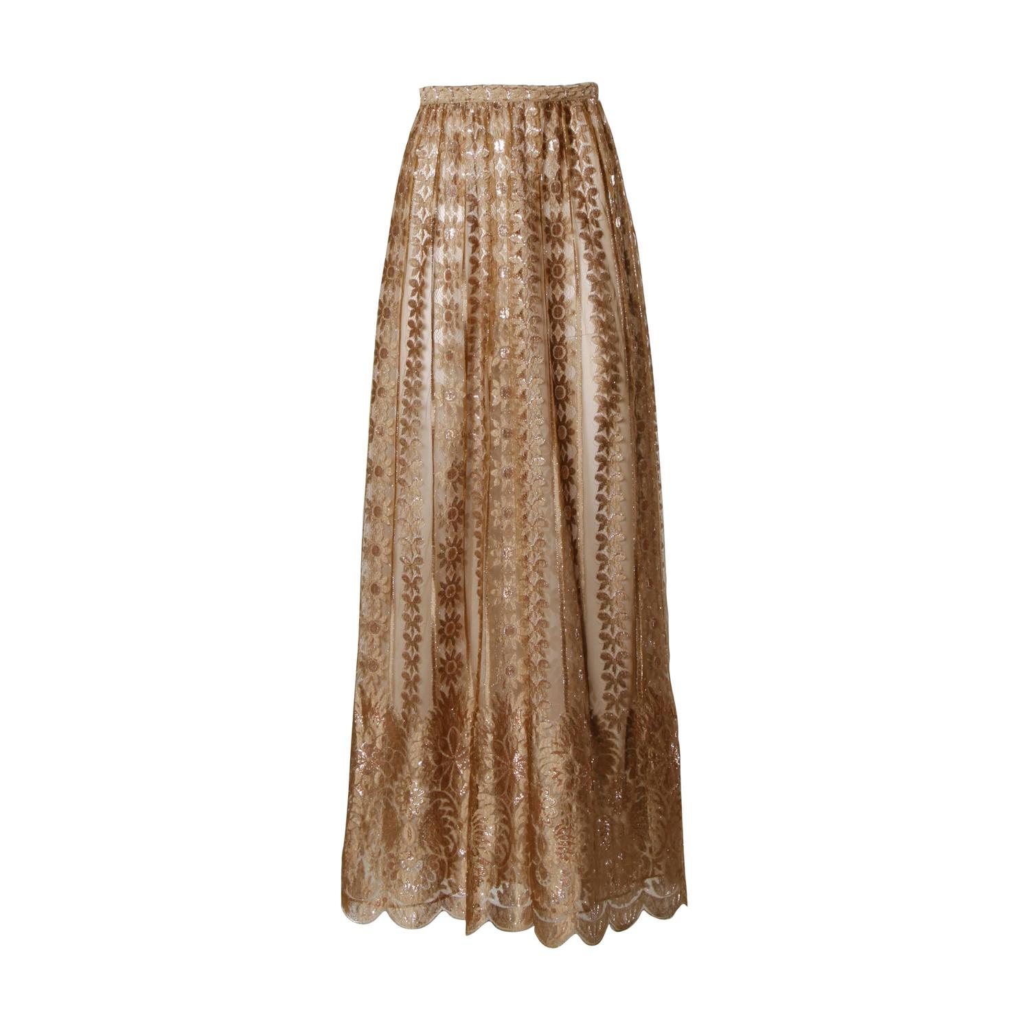 Jill Richards Vintage Scalloped Metallic Copper + Taupe Lace Maxi Skirt ...
